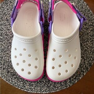 Crocs Kids' sz youth 2 White Clogs with Pink & Purple Accents